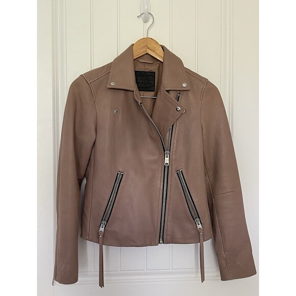 AllSaints Dalby Lamb Leather Biker Jacket Size US 4 UK8 $529 Moonlight Pink Rare - Picture 1 of 14